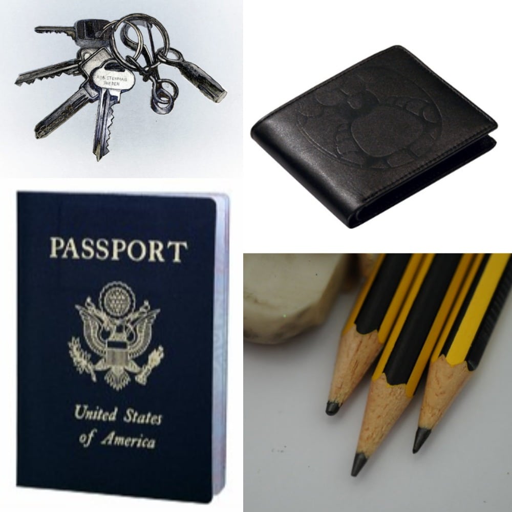 keys, passport, wallet and pencils