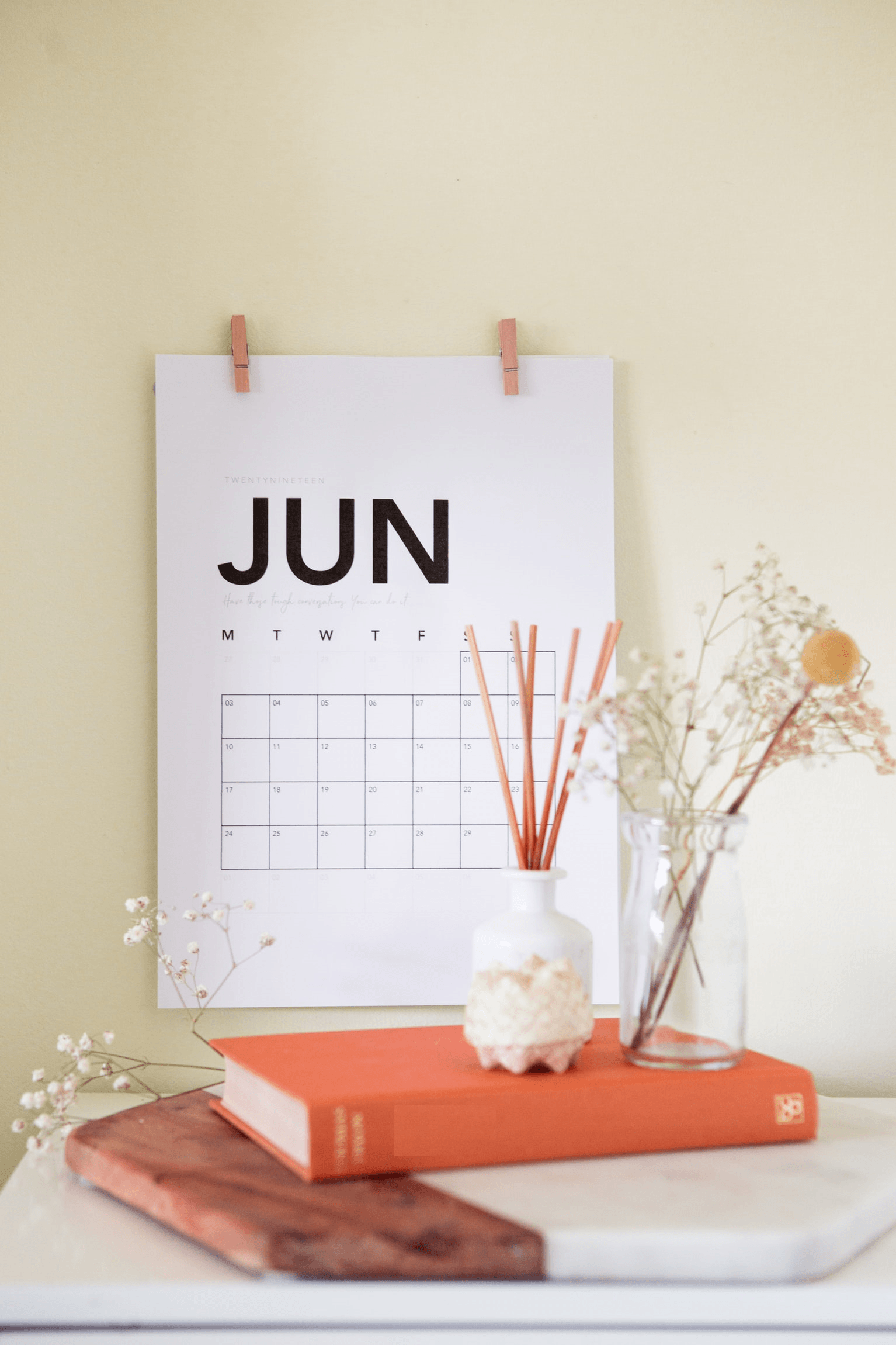 calendar, book and vases